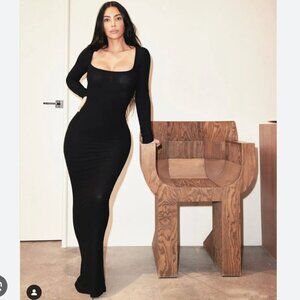 Skims Soft Lounge Long Sleeve Dress Ribbed Onyx Black Size 2XL